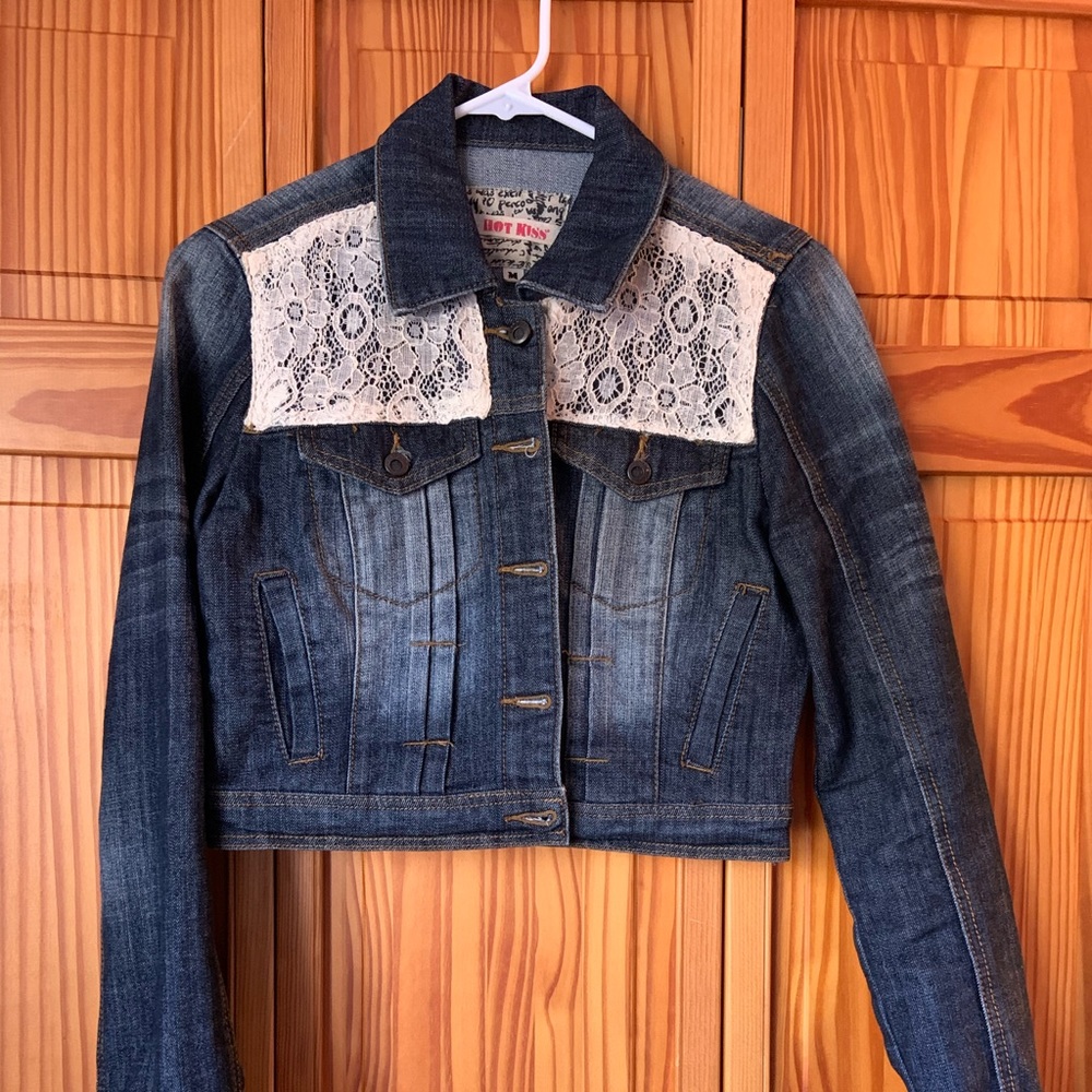 Hot Kiss cropped denim and lace jacket